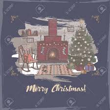 26+ christmas living room background cartoon png. Vintage Romantic Christmas Card With Color Cozy Living Room With Holiday Decorations And Fireplace On Blue Background Based On Hand Drawn Sketch Great For Holiday Design Royalty Free Cliparts Vectors And Stock