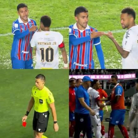 🇧🇷🟥 Neymar foi expulso no Santos 🆚 Bahia ap&oacute;s tapar a boca durante uma discuss&atilde;o com Rodrigo Nestor. Ap&oacute;s consultar o VAR, o &aacute;rbitro aplicou o chamado &ldquo;Protocolo Vini Jr.&rdquo; O brasileiro