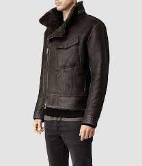 Mens Drayford Shearling Leather Jacket Anthracite Allsaints Com Leather Jacket Men Stylish Jackets Leather Jacket