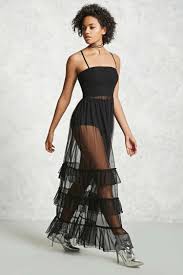 A Sheer Maxi Tulle Dress Featuring Adjustable Cami Straps Smocked Bodice And Tiered Ruffle Layers Funky Dresses Black Tulle Dress Dresses
