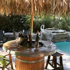 Wine Barrel With Edged Overlay Stools Tiki Umbrella Wine Barrel Furniture Barrel Table Backyard Bar