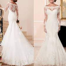 Vestidos De Noiva Lace Wedding Dresses Boat Neck Long Sleeve Button Applique Sweep Tra Backless Lace Wedding Dress Maternity Bridal Dress Wedding Dress Fabrics