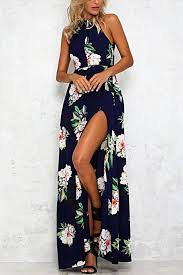 Halter Neck Open Back Random Floral Print Maxi Dress In Navy Us 22 99 Maxi Dress Party Split Maxi Dress Summer Maxi Dress