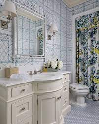 Finding the right lighting fixture for your tiny bathroom is very important. Bathroom Blue Trellis Wallpaper Trellis Wallpaper Contemporary Bathroom Designs