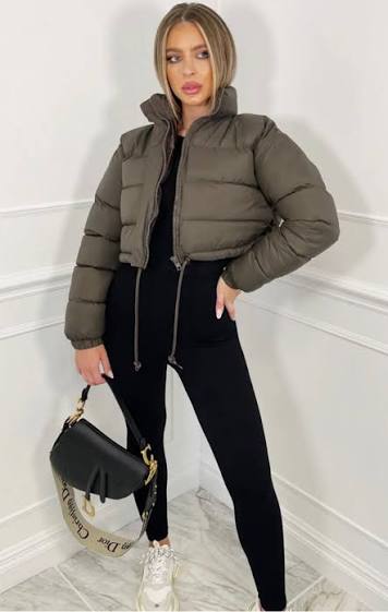 PADDED CROP PUFFER JACKET- OLIVE GREEN - S