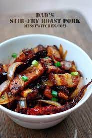 Add the garlic, ginger, and scallions and stir. Dad S Stir Fry Roast Pork Chow Siu Yuk Messy Witchen