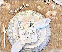 Farmhouse Themed Table Setting From A Rustic Elegant Farmhouse Baby Shower On Kara S Party Ideas Farmhouse Baby Shower Rustic Baby Shower Baby Shower Parties