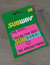 The gift card allows the user to manage the balance with an id number and use it until the total gift amount is. Substitute Teacher Gift Subway Gift Card Idea Subway Gift Card Subway Nyc Teacher Gifts