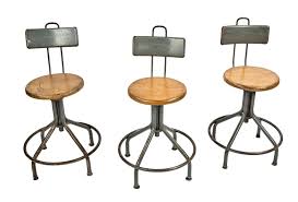 Group Of Three Fully Adjustable All Original Salvaged Chicago School Laboratory Stools With Solid Circular Shaped Maple Wood Seats And Welded Joint Heel Rings Stool Maple Wood Seating