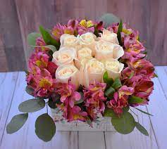 Pretty Box Of White Roses Pink Alstroemerias Eucalyptus Simple And Elegant Easter Floral Arrangement Flower Arrangements Fresh Flowers Arrangements