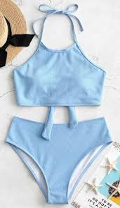 Zaful High Neck Ribbed Tankini Set Light Blue Swimsuit Light Blue Swimsuits Blue Swimsuit Retro One Piece Swimsuits