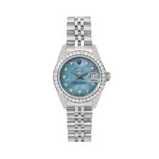 The dial has 10 fluted bezel diamonds for each hour. Womens Diamond Rolex Oyster Perpetual Lady Datejust 26mm Watch Blue Mop Jubilee Bracelet 968562