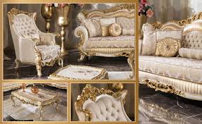 Gold leaf baroque mirrors mounted side by side flanked by living room windows fitted with light gray curtains in a transitional living room. Fenomen Gold Sofa Set Classic Armchair Classic Sofa Models