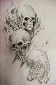 The skull (usually a human skull in tattoos) is usually taken to mean death, but in a broader sense it's more of a symbol of mortality, rather than the end itself. See No Evil Hear No Evil Speak No Evil Skull Tattoo Design 3 Skulls Drawing Evil Tattoos Evil Skull Tattoo