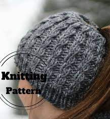 Knitting Pattern For Faux Cable Messy Bun Hat Easy Ponytail Beanie Is A Quick Knit I Ponytail Hat Knitting Pattern Messy Bun Hat Pattern Ponytail Hat Pattern