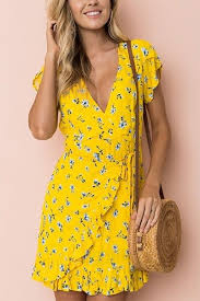 New Yellow V Neck Floral Ruffle Short Wrap Dress Short Sleeve Mini Spring Summer Casual Dresses For Women Wrap Dress Short Short Sleeve Mini Dress