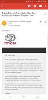 Toyota launched entune™ in 2011 as a system originally for apps and data services to connect with your vehicle. I Emailed Toyota To Complain About Pandora Not Working On Entune Got A Response Back Saying They Are Dropping Support For It As Of November Can We Have Android Auto Carplay Now Please