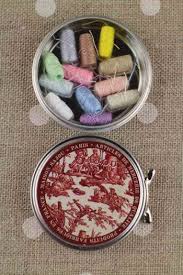 Red Toile De Jouy Metal Tin With 12 Pastel Tones Polyester Thread C