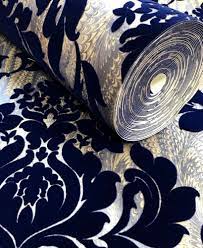 Faversham Flock Navy Blue Flock Wallpaper Navy Wallpaper Velvet Wallpaper