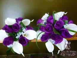 Cascading bouquets are having a bit of a moment right now. Dress My Wedding Purple Rose Real Touch Calla Lily Bouquet Set Teardrop Cascade Bouquet Real Touch Calla Lilies Artificial Flower Set Silk Flowers