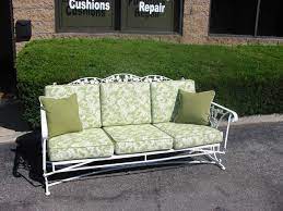 Antique Wrought Iron Sofa Glider With Custom Cushions And Coordinating Pill Outdoor Cushions Patio Furniture Patio Furniture Cushions Vintage Outdoor Furniture