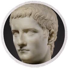 Portrait bust of the emperor Gaius, known as Caligula Round Beach Towel by  Roman School