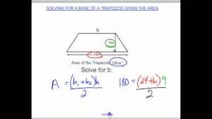 Property #1) the angles on the same side of a leg are called adjacent angles and are supplementary ( more ) property #2) area of a trapezoid = a r e a = h e i g h t ⋅ ( sum bases 2) ( more ) property #3) trapezoids have a midsegment which connects the mipoints of the legs ( more ) Solving For A Base Of A Trapezoid Given Area Youtube