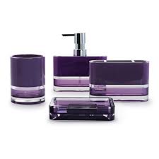 Purple bathroom accessories pack a punch in bathroom decor. Immanuel Float Designer 4 Piece Translucent Modern Purple Bathroom Accessory Ensemble Set Tumbler Toothbrush Holder Lotion Dispenser And Soap Dish Included Durable Ms Acrylic Bath Organizer Buy Online In Montenegro At Montenegro Desertcart Com