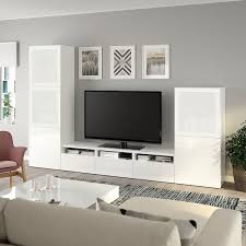 Besta Tv Storage Combination Glass Doors White Selsviken High Gloss White Frosted Glass 714 00 In 2020 Living Room Tv Tv Storage Living Room Tv Wall