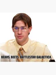 Jim Halpert Bears Beets Battlestar Galactica Sticker By Rb12345 Redbubble Jim Halpert Quotes Jim Halpert Jim Halpert Face