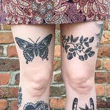 Healed Photo Via Heroinebunny Of A Moth And Strawberry Bush I Did Above Her Knees Always Glad To See Healed Pho Butterfly Leg Tattoos Knee Tattoo Leg Tat Butterfly Leg