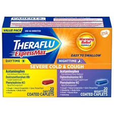 It's an effective cough & chest relief medicine that can get you back on your feet. Theraflu Expressmax Severe Cold Cough Combo Daytime Nighttime Warming Relief Formula Coated Caplets For Cough Cold Relief 40 Count Value Pack 2x20 Cvs Pharmacy