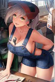 1girls 2019 :d absurd res arm behind back bangs bare shoulders  between breasts blush box breasts cable cardboard box cleavage collarbone  cowboy shot day denim denim overalls dot nose