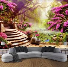 3d Garden With Pink Flowers And Forest Background Wallpaper For Walls Landscape Wallpaper Wall Wallpaper Mural Wallpaper