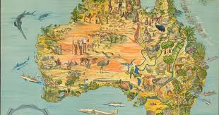 1947 Lindblad Pictorial Map Of Australia New Zealand And Indonesia Australia Map Pictorial Maps Australian Maps