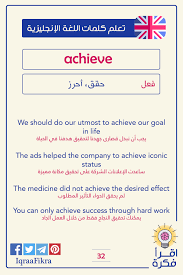 معنى وترجمة كلمة Achieve باللغة العربية وبعض الأمثلة عليها مع معانيها