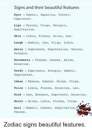 They are lovers not fighters, but will always. Signs And Their Beautiful Features Eyesgemini Aquarius Cancer Capricorn Lips Taurus Virgo Scorpio Sagittarius Skin Libra Pisces Aries Leo Laugh Gemini Leo Virgo Libra Smile Capricorn Sagittarius Taurus Scorpio Movements Pisces Cancer