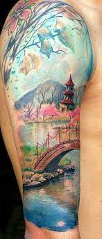 Japanese Landscape Tattoo On Half Sleeve Sleeve Tattoos Full Sleeve Tattoos Landscape Tattoo