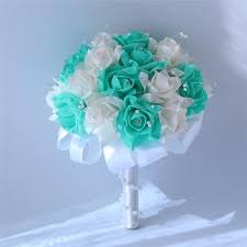 Which is the best ribbon for a wedding bouquet? Bride Bouquet Turquoise Bridal Bouquet White Rose Flowers Etsy