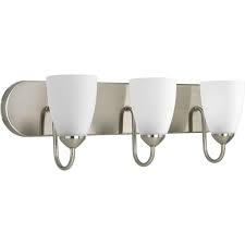 (32) see lower price in cart. Progress Lighting Gather Collection 3 Light Brushed Nickel Etched Glass Traditional Bath Vanity Light P2708 09 The Home Depot
