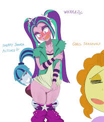 775354 - explicit, artist:janji009, edit, adagio dazzle, aria blaze, sonata  dusk, equestria girls, g4, my little pony equestria girls: rainbow rocks,  assisted exposure, blushing, bottomless, breasts, busty aria blaze,  cleavage, clothes, covering,