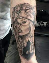 Native American Indian Woman With Wolf Headdress And Wolf Silloette Wolf Girl Tattoos Headdress Tattoo Wolf Tattoos