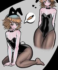 trizzz, fujisaki chihiro, danganronpa: trigger happy havoc, danganronpa  (series), absurdres, highres, 1boy, animal ears, blush, brown eyes, brown  hair, bulge, carrot, crossdressing, heart, leotard, pantyhose, playboy  bunny, rabbit ears, rabbit tail ...
