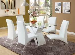 The transparent nature of glass often helps a room to look larger and its reflective surface adds light and brightness to the space. Cm8370wh T 7pc 7 Pc Orren Ellis Hydes Wailoa Modern Glass Table Top White Finish X Shaped Base Dining Table Set