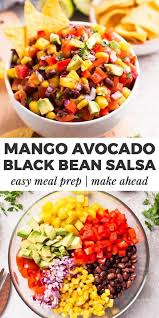 Black Bean Corn Avocado Salsa This Healthy Black Bean Salsa Is Absolutely Loaded With The Goodies Mango Avocado Sweet Corn And Peppers Are All Chopped Up F Bean Salsa Black Bean Salsa Mango Salsa Recipes