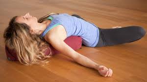 Reclined Butterfly Pose With Bolster Great Stress Relieving Yoga Pose This Pose Allows Optimum Openi Stress Relieving Yoga Stress Relief Butterfly Pose