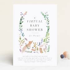 Actually, if you look up the etymology of baby shower or wedding shower it is definitely, historically, referring to showering with gifts. Virtual Woodland Baby Shower Invitations By Lori Wemple Minted