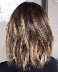 Painted Brunette Lob Short Hair Balayage Brown Hair With Blonde Highlights Hair Styles