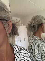 Back Of Hair Low Messy Bun Beautiful Gray Hair Transition To Gray Hair Grey Hair Transformation
