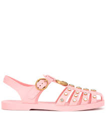 Logo platform sandals, jelly heel shoes, chuncky heel sandals, summer shoes, summer fashion, sandals, rubber shoes, trendy shoes, pink shoes. Gucci Crystal Embellished Jelly Sandals In Pink Lyst